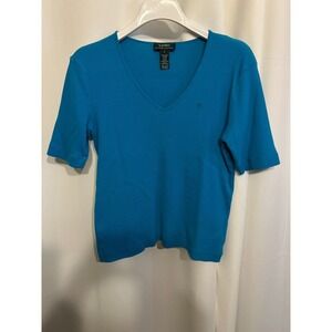 Ralph Lauren T Shirt Women L Teal Ribbed Stretch V Neck Top Appliqued initial RL